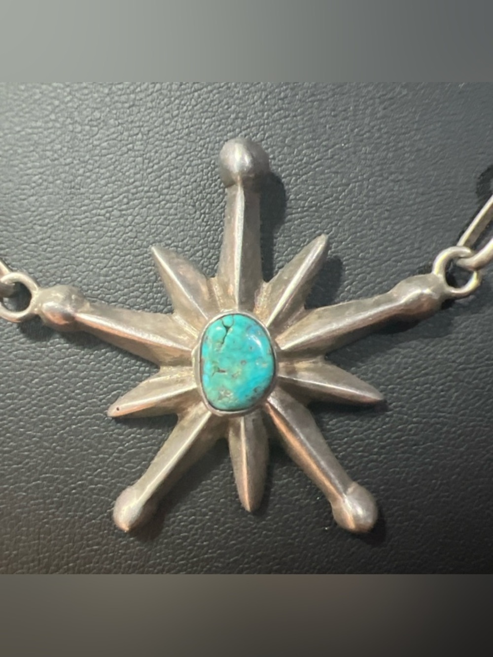 VTG c1950's Navajo Sterling Silver 3 Sand-cast Stars Bisbee Turquoise Necklace - Picture 2 of 10